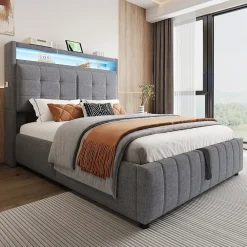 Lit double 140x200 cm tissu gris avec LED, USB, tête de lit étagères et rangement hydraulique, Sommier inclus, design moderne><noscript><img width=