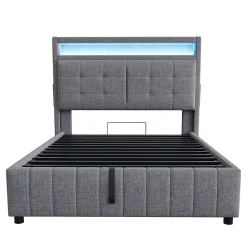 Lit double 140x200 cm tissu gris avec LED, USB, tête de lit étagères et rangement hydraulique, Sommier inclus, design moderne><noscript><img width=
