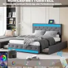 Simple Life Lit double 180x200 cm, tête de lit LED réglable, chargement USB/Type-C, 4 tiroirs, sommier à lattes, structure métal gris.* Lit Coffre