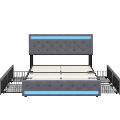 Simple Life Lit double 180x200 cm, tête de lit LED réglable, chargement USB/Type-C, 4 tiroirs, sommier à lattes, structure métal gris.* Lit Coffre
