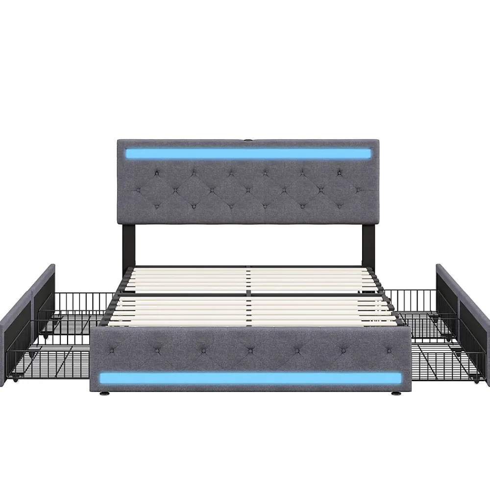 Simple Life Lit double 180x200 cm, tête de lit LED réglable, chargement USB/Type-C, 4 tiroirs, sommier à lattes, structure métal gris.* Lit Coffre
