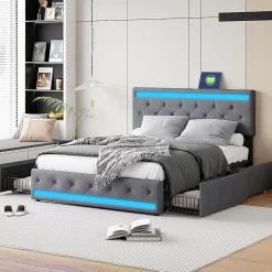 Simple Life Lit double 180x200 cm, tête de lit LED réglable, chargement USB/Type-C, 4 tiroirs, sommier à lattes, structure métal gris.* Lit Coffre