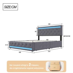 Simple Life Lit double 180x200 cm, tête de lit LED réglable, chargement USB/Type-C, 4 tiroirs, sommier à lattes, structure métal gris.* Lit Coffre