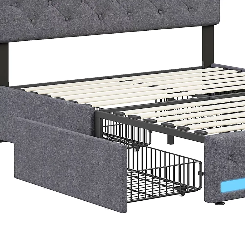 Simple Life Lit double 180x200 cm, tête de lit LED réglable, chargement USB/Type-C, 4 tiroirs, sommier à lattes, structure métal gris.* Lit Coffre