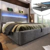 Lit double 180x200 cm, tête haute, LED/USB, hydraulique, lin - gris>Blackcolors