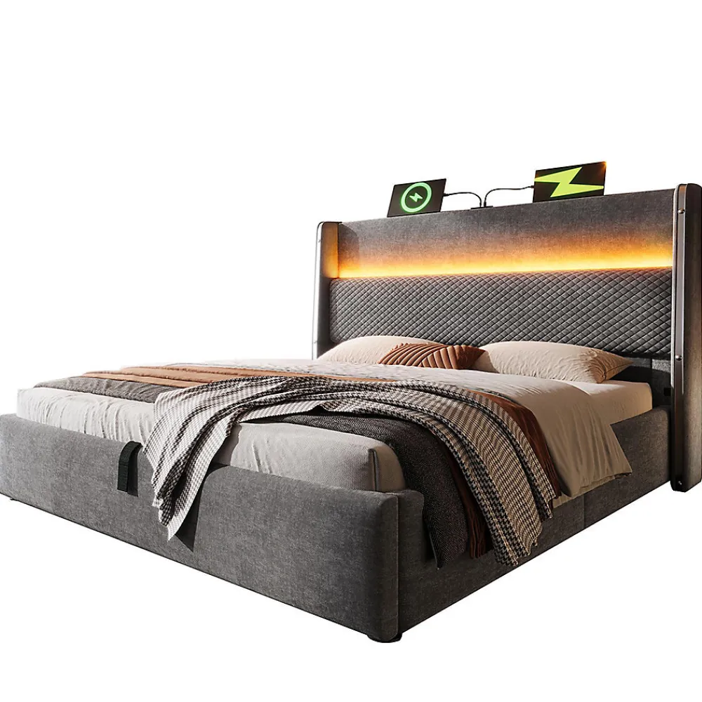 Lit double 180x200 cm, tête haute, LED/USB, hydraulique, lin - gris>Blackcolors
