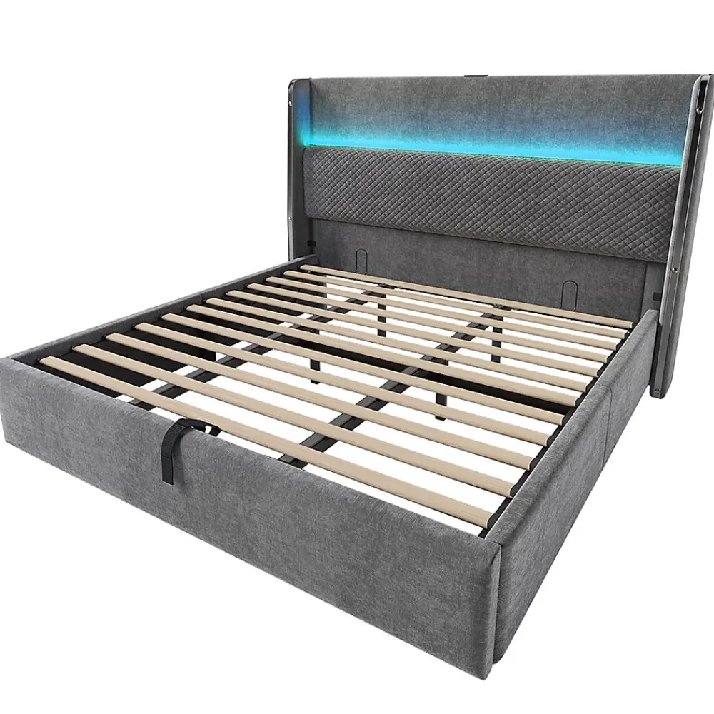 Lit double 180x200 cm, tête haute, LED/USB, hydraulique, lin - gris>Blackcolors