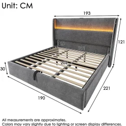 Lit double 180x200 cm, tête haute, LED/USB, hydraulique, lin - gris><noscript><img width=