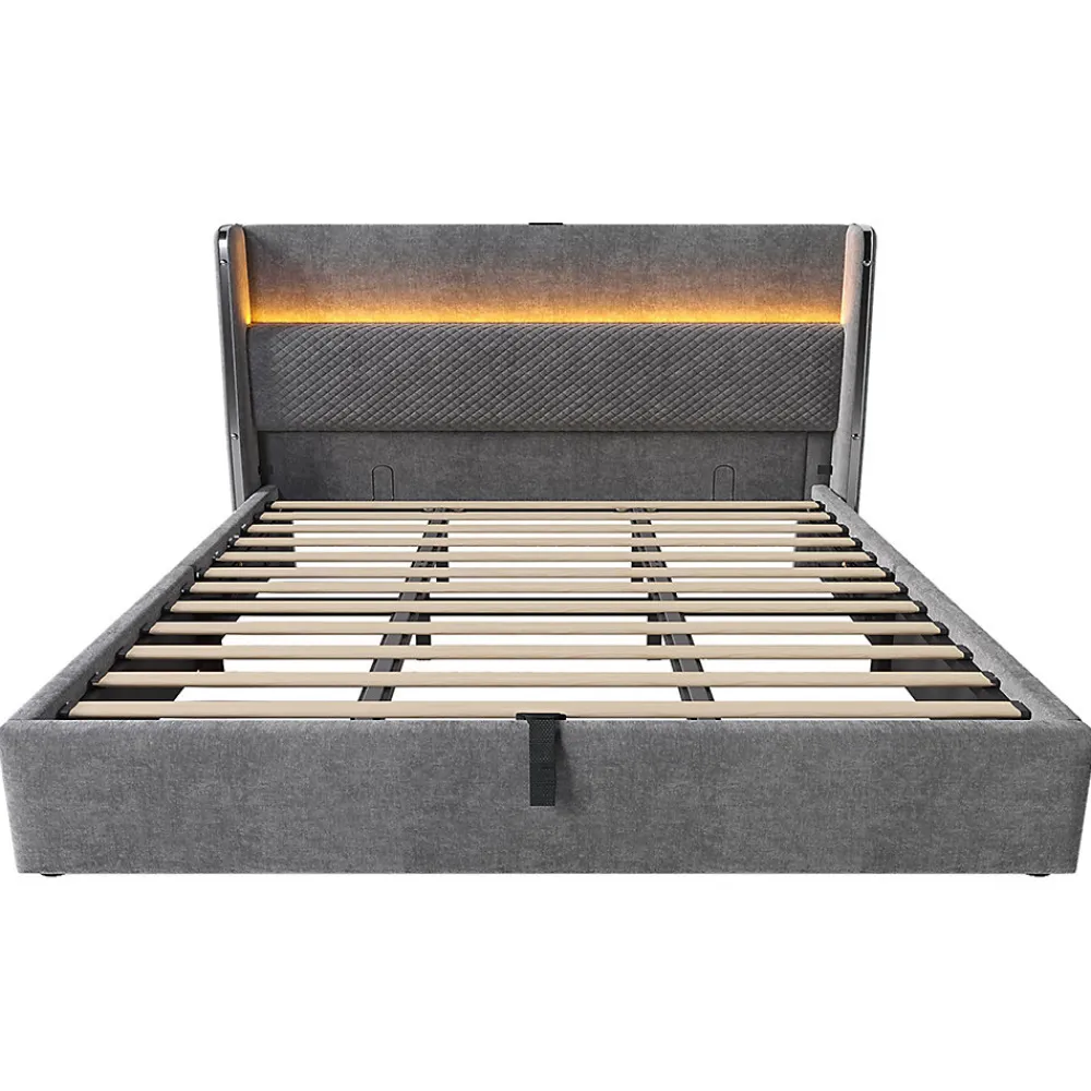 Lit double 180x200 cm, tête haute, LED/USB, hydraulique, lin - gris>Blackcolors