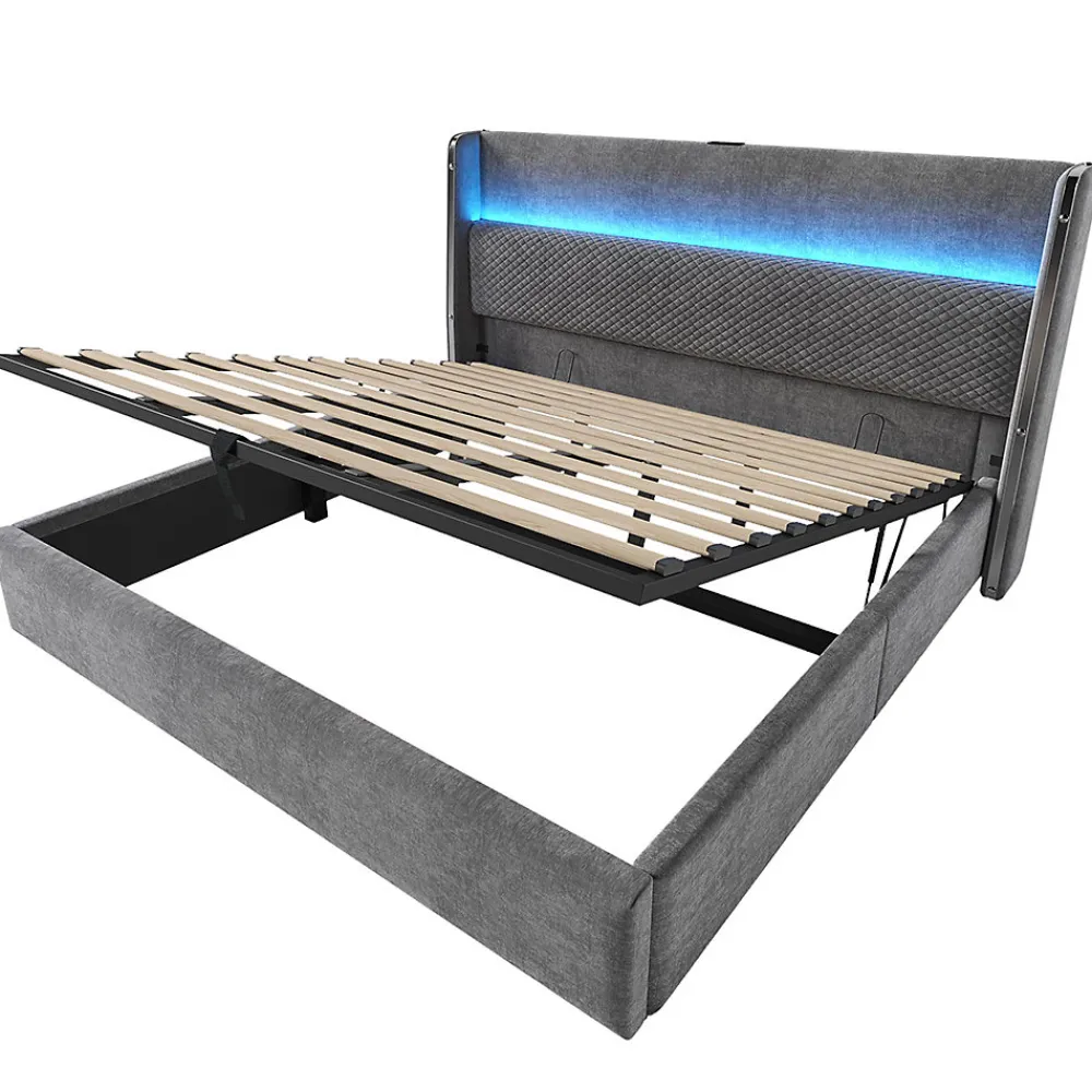 Lit double 180x200 cm, tête haute, LED/USB, hydraulique, lin - gris>Blackcolors