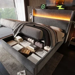 Lit double 180x200 cm, tête haute, LED/USB, hydraulique, lin - gris><noscript><img width=