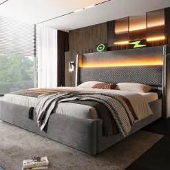 Lit double 160x200 cm, tête haute, LED/USB, hydraulique, lin - gris><noscript><img width=