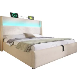 Lit double 140x200 cm, tête haute, LED/USB, hydraulique, lin - beige>Blackcolors Online