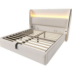 Lit double 140x200 cm, tête haute, LED/USB, hydraulique, lin - beige><noscript><img width=