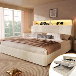 Blackcolors Lit double 140x200 cm, tête réglable, LED/USB, hydraulique, velours - beige* Lit Coffre