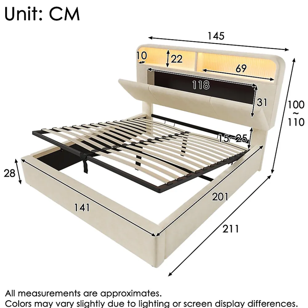 Blackcolors Lit double 140x200 cm, tête réglable, LED/USB, hydraulique, velours - beige* Lit Coffre