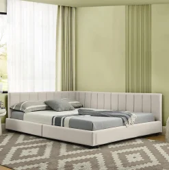 Lit double 140x200 cm, velours, dossier haut - beige><noscript><img width=