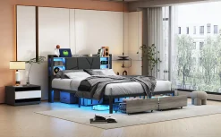 Lit Double 160x200 Métal, Cadre de lit avec éclairage LED et Charge USB, Lit Double rembourré avec 2 tiroirs, Noir><noscript><img width=