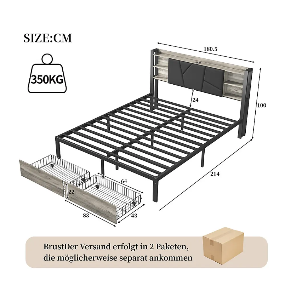 Lit Double 160x200 Métal, Cadre de lit avec éclairage LED et Charge USB, Lit Double rembourré avec 2 tiroirs, Noir>Fortuna lai Online