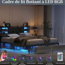 Lit Double 160x200 Métal, Cadre de lit avec éclairage LED et Charge USB, Lit Double rembourré avec 2 tiroirs, Noir><noscript><img width=