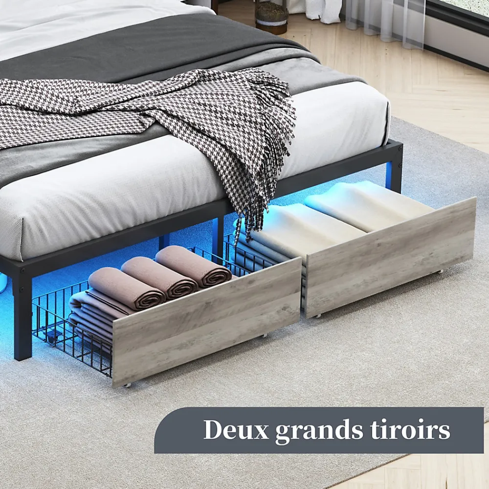 Lit Double 160x200 Métal, Cadre de lit avec éclairage LED et Charge USB, Lit Double rembourré avec 2 tiroirs, Noir>Fortuna lai Online