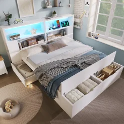 ModernLuxe Lit double 140x200cm - avec lumière LED et port USB - avec banc coffre - grand espace de rangement - Blanc (sans matelas)* Lit Avec Rangement