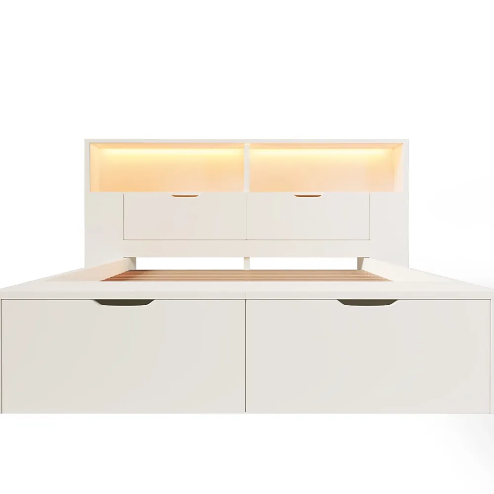 ModernLuxe Lit double 140x200cm - avec lumière LED et port USB - avec banc coffre - grand espace de rangement - Blanc (sans matelas)* Lit Avec Rangement