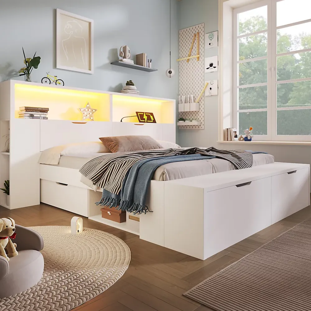 ModernLuxe Lit double 140x200cm - avec lumière LED et port USB - avec banc coffre - grand espace de rangement - Blanc (sans matelas)* Lit Avec Rangement