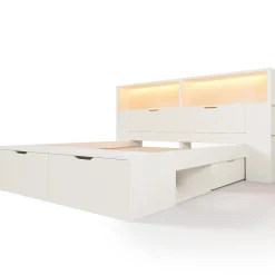 ModernLuxe Lit double 140x200cm - avec lumière LED et port USB - avec banc coffre - grand espace de rangement - Blanc (sans matelas)* Lit Avec Rangement