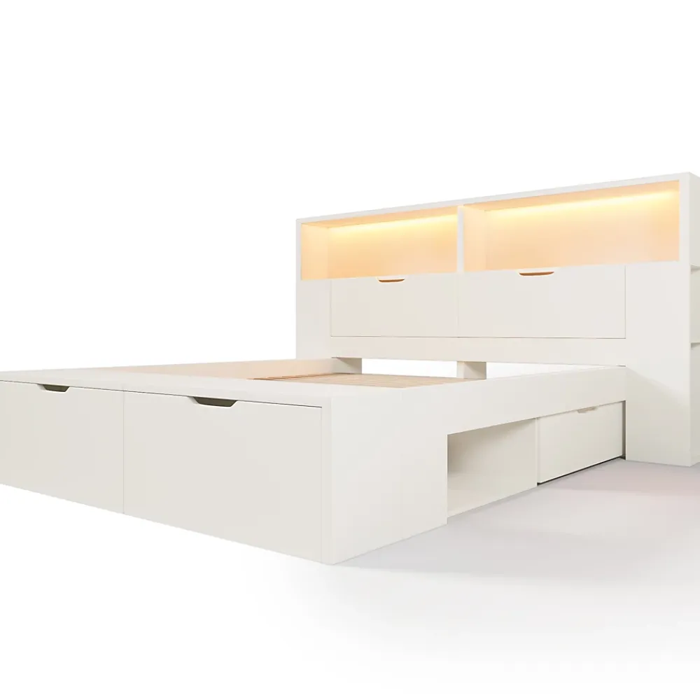 ModernLuxe Lit double 140x200cm - avec lumière LED et port USB - avec banc coffre - grand espace de rangement - Blanc (sans matelas)* Lit Avec Rangement
