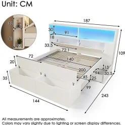 ModernLuxe Lit double 140x200cm - avec lumière LED et port USB - avec banc coffre - grand espace de rangement - Blanc (sans matelas)* Lit Avec Rangement