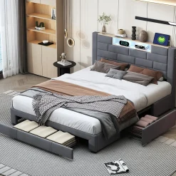 Lit double 160x200cm - cadre de lit en velours avec 3 tiroirs, sommier à lattes et tête de lit LED avec port USB/C - Gris>ProximaX Online