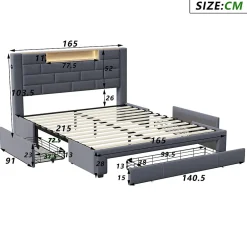 Lit double 160x200cm - cadre de lit en velours avec 3 tiroirs, sommier à lattes et tête de lit LED avec port USB/C - Gris><noscript><img width=