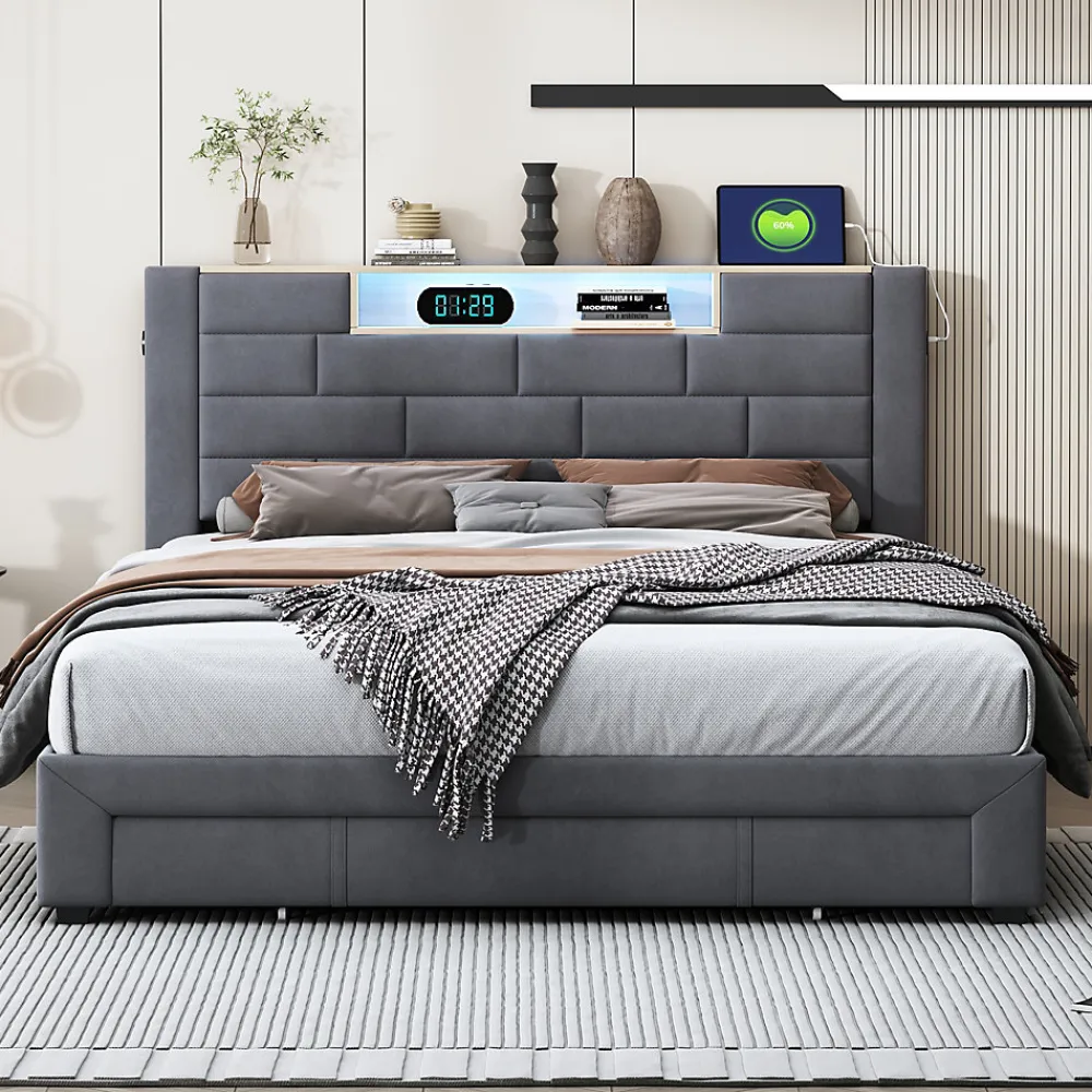 Lit double 160x200cm - cadre de lit en velours avec 3 tiroirs, sommier à lattes et tête de lit LED avec port USB/C - Gris>ProximaX Online