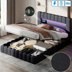 Lit double 180x200cm avec rangements, lit de souche avec éclairage LED, lit capitonné lit adulte lit ado, lin gris>Generique Hot