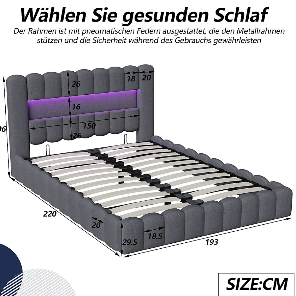 Lit double 180x200cm avec rangements, lit de souche avec éclairage LED, lit capitonné lit adulte lit ado, lin gris>Generique Hot