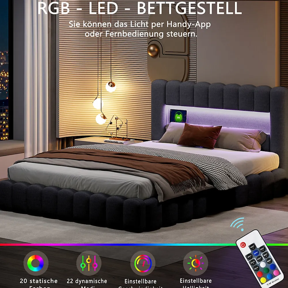 Lit double 180x200cm avec rangements, lit de souche avec éclairage LED, lit capitonné lit adulte lit ado, lin gris>Generique Hot