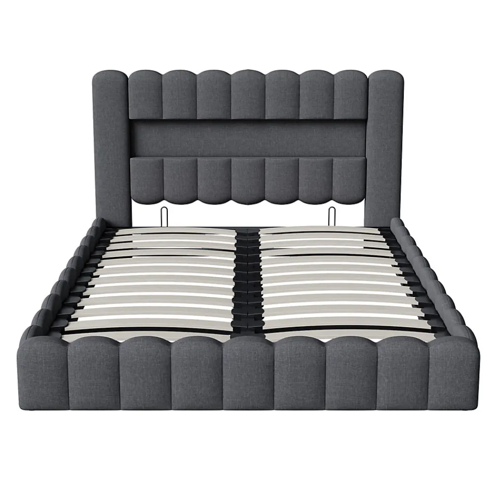Lit double 180x200cm avec rangements, lit de souche avec éclairage LED, lit capitonné lit adulte lit ado, lin gris>Generique Hot