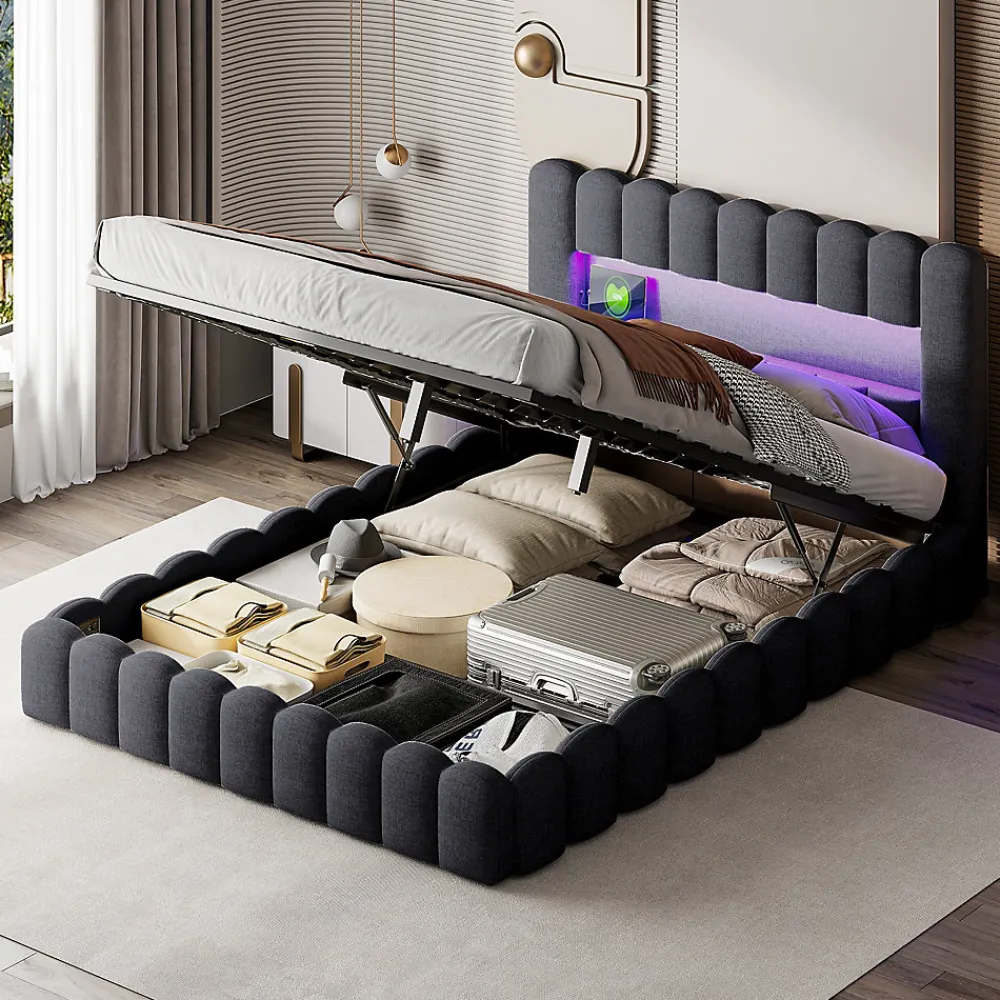Lit double 180x200cm avec rangements, lit de souche avec éclairage LED, lit capitonné lit adulte lit ado, lin gris>Generique Hot