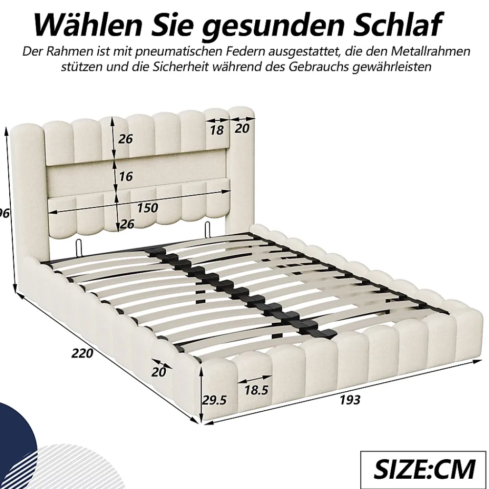 Generique Lit double 180x200cm avec rangements, lit de souche avec éclairage LED, lit capitonné lit adulte lit ado, lin beige* Lit Coffre