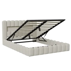 Generique Lit double 180x200cm avec rangements, lit de souche avec éclairage LED, lit capitonné lit adulte lit ado, lin beige* Lit Coffre