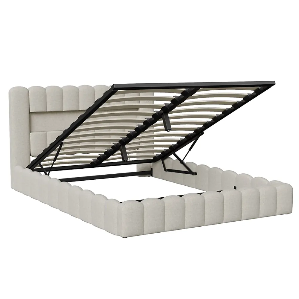 Generique Lit double 180x200cm avec rangements, lit de souche avec éclairage LED, lit capitonné lit adulte lit ado, lin beige* Lit Coffre