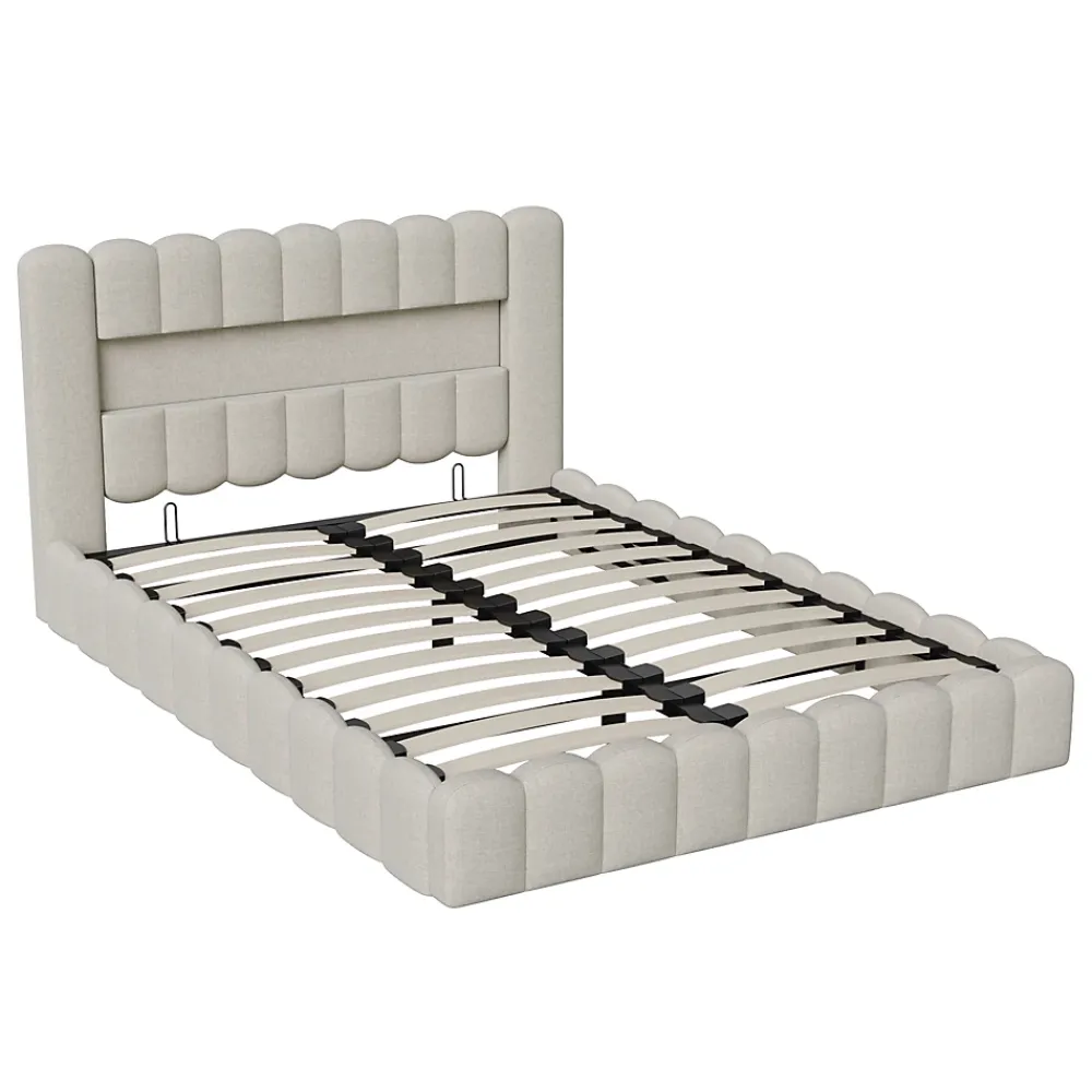 Generique Lit double 180x200cm avec rangements, lit de souche avec éclairage LED, lit capitonné lit adulte lit ado, lin beige* Lit Coffre