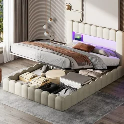 Generique Lit double 180x200cm avec rangements, lit de souche avec éclairage LED, lit capitonné lit adulte lit ado, lin beige* Lit Coffre