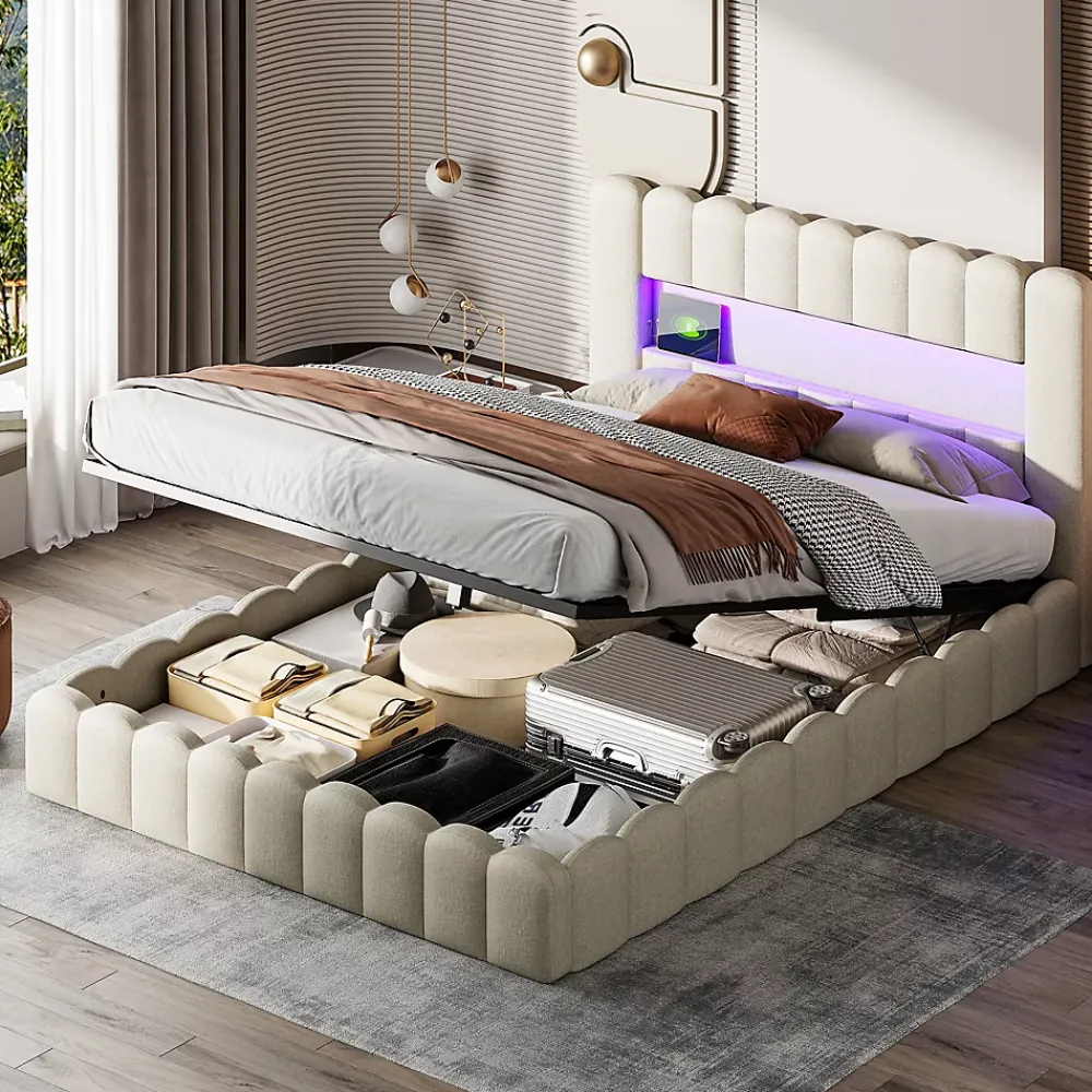 Generique Lit double 180x200cm avec rangements, lit de souche avec éclairage LED, lit capitonné lit adulte lit ado, lin beige* Lit Coffre