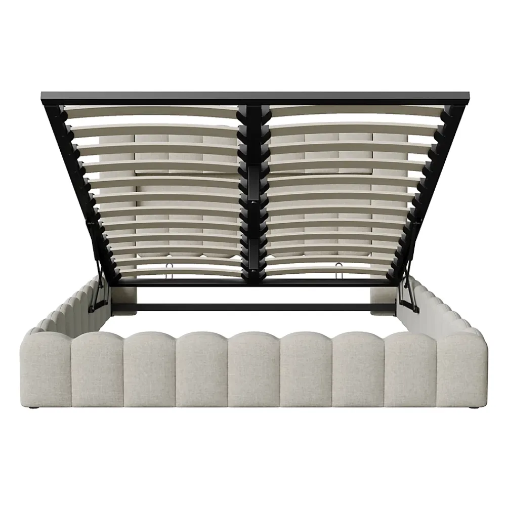 Generique Lit double 180x200cm avec rangements, lit de souche avec éclairage LED, lit capitonné lit adulte lit ado, lin beige* Lit Coffre