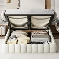 Generique Lit double 180x200cm avec rangements, lit de souche avec éclairage LED, lit capitonné lit adulte lit ado, lin beige* Lit Coffre