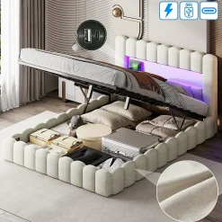 Generique Lit double 180x200cm avec rangements, lit de souche avec éclairage LED, lit capitonné lit adulte lit ado, lin beige* Lit Coffre