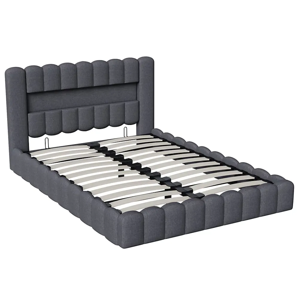 Generique Lit double 140x200cm avec rangements, lit de souche avec éclairage LED, lit capitonné lit adulte lit ado, lin gris* Lit Double
