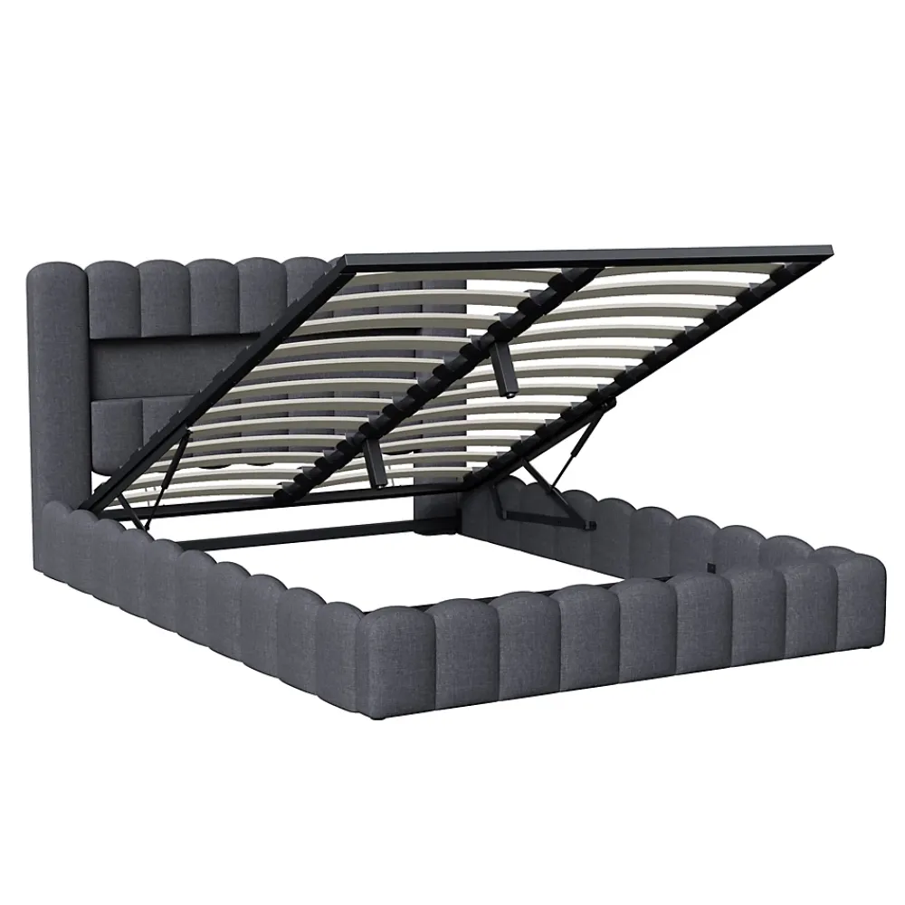 Generique Lit double 140x200cm avec rangements, lit de souche avec éclairage LED, lit capitonné lit adulte lit ado, lin gris* Lit Double